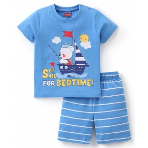 Babyhug Cotton Half Sleeves Night Suit Stripes & Bear Print- Blue, 3-4yr