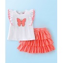 Babyhug 100% Cotton Knit Half Sleeves Top and Skirt Butterfly Embroidery Print - White & Peach, 12-18m