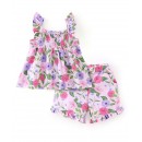 Babyhug 100% Cotton Knit Sleeveless Top & Shorts Set Floral Print - Pink, 12-18m