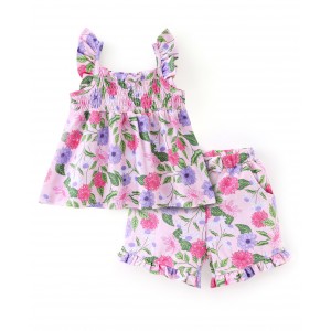 Babyhug 100% Cotton Knit Sleeveless Top & Shorts Set Floral Print - Pink, 18-24m