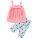 Babyhug 100% Cotton Sleeveless Solid Colour Top and Tropical Printed Leggings Set - Peach & Blue, 18-24m