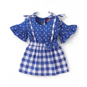 Babyhug 100% Cotton Jersey Knit Half Sleeves Top & Checkered Skirt Set with Polka Dots Print â€“ Blue, 6-9m