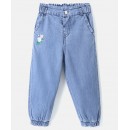 Babyhug Cotton Denim Full Length Washed Jeans Floral Embroidered - Blue, 3-4yr