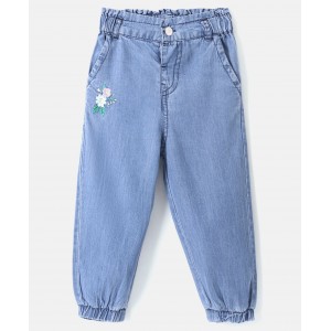 Babyhug Cotton Denim Full Length Washed Jeans Floral Embroidered - Blue, 3-4yr