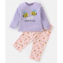 Babyhug Cotton Full Sleeves Night Suit Honeybee & Floral Print- Lavender & Peach, 6-9m
