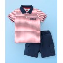 Babyhug 100% Cotton Half Sleeves T-Shirt & Shorts Set Striped- Red & Blue, 18-24m