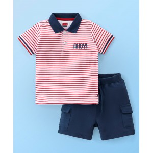Babyhug 100% Cotton Half Sleeves T-Shirt & Shorts Set Striped- Red & Blue, 18-24m