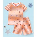 Babyhug Cotton Knit Half Sleeves Striped Night Suit Numbers Print - White & Orange, 3-4yr