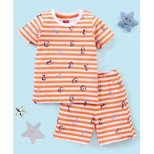 Babyhug Cotton Knit Half Sleeves Striped Night Suit Numbers Print - White & Orange, 3-4yr