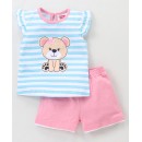 Babyhug Cotton Knit Frill Sleeves Striped Night Suit Teddy Print - Mint Blue & Pink, 2-3yr