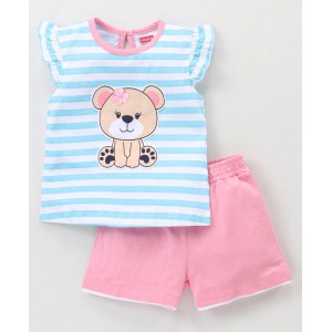 Babyhug Cotton Knit Frill Sleeves Striped Night Suit Teddy Print - Mint Blue & Pink, 2-3yr