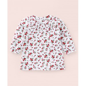 Babyhug Three Fourth Sleeves Top with Smoking and Frill Detailing & Floral Print - White, 6-9m