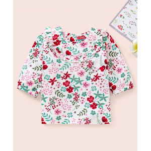 Babyhug Three Fourth Peasant Sleeves With Frill Detailing Floral Print Top - White, 6-9m