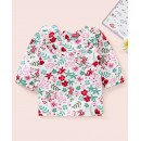 Babyhug Three Fourth Peasant Sleeves With Frill Detailing Floral Print Top - White, 9-12m