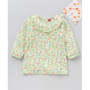 Babyhug Three Fourth Peasant Sleeves With Frill Detailing Floral Print Top - Green, 6-9m