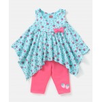 Babyhug 100% Cotton Sleeveless Top & Leggings Set With Bow Applique Strawberry Print- Blue & Pink, 12-18m