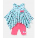Babyhug 100% Cotton Sleeveless Top & Leggings Set With Bow Applique Strawberry Print- Blue & Pink, 18-24m