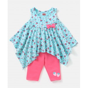 Babyhug 100% Cotton Sleeveless Top & Leggings Set With Bow Applique Strawberry Print- Blue & Pink, 2-3yr
