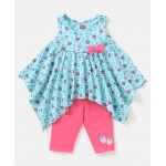 Babyhug 100% Cotton Sleeveless Top & Leggings Set With Bow Applique Strawberry Print- Blue & Pink, 3-4yr