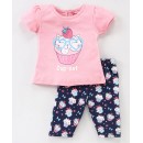 Babyhug Short Sleeves Tee & Capri Set Cup Cat Print - Pink & Navy Blue, 12-18m
