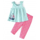 Babyhug 100% Cotton Knit Sleeveless Striped Top and Leggings Set Bunny Print - Blue & Pink, 12-18m