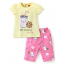 Babyhug Cotton Half Sleeves Capri Night Suit Milk & Cookies Print- Yellow & Pink, 3-4yr