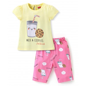 Babyhug Cotton Half Sleeves Capri Night Suit Milk & Cookies Print- Yellow & Pink, 4-5yr