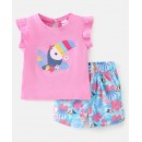 Babyhug 100% Cotton Knit Half Sleeves Top and Shorts Toucan Sequin Print - Blue & Pink, 18-24m