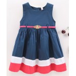 Babyhug 100% Cotton Sleeveless Frock With Belt & Stripes Print - Navy Blue, 9-12m