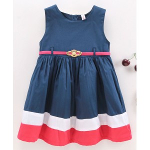 Babyhug 100% Cotton Sleeveless Frock With Belt & Stripes Print - Navy Blue, 12-18m