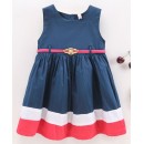 Babyhug 100% Cotton Sleeveless Frock With Belt & Stripes Print - Navy Blue, 3-4yr