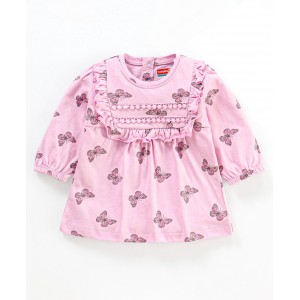 Babyhug Cotton Knit Three Forth Sleeves Tee Butterfly Print - Light Pink, 2-3yr