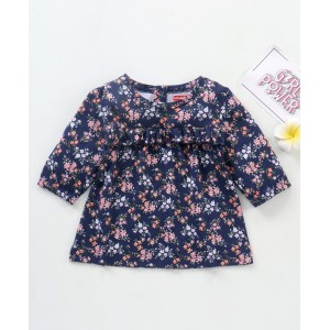 Babyhug Three Forth Sleeves Floral Print With Frill Detail Top - Blue, 12-18m