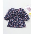 Babyhug Three Forth Sleeves Floral Print With Frill Detail Top - Blue, 18-24m