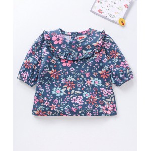 Babyhug Three Forth Sleeves Flower Print With Frill Detailing Top - Blue, 6-9m