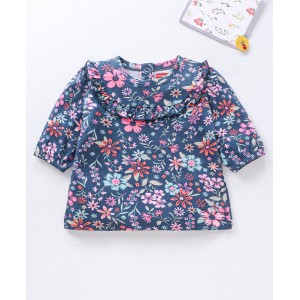 Babyhug Three Forth Sleeves Flower Print With Frill Detailing Top - Blue, 9-12m