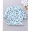Babyhug Three Forth Sleeves Flower Print With Smocking & Frill Detailing Top - Blue, 6-9m