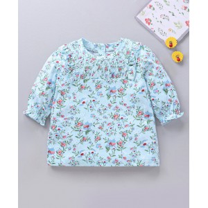 Babyhug Three Forth Sleeves Flower Print With Smocking & Frill Detailing Top - Blue, 3-4yr