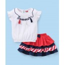Babyhug 100% Cotton Half Sleeves Top & Skirt Set With Embroidery & Tassel Detailing - White Navy & Red, 9-12m