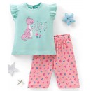 Babyhug Cotton Knit Cap Sleeves Night Suit Dino Print - Blue & Pink, 2-3yr