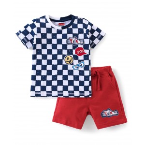 Babyhug 100% Cotton Knit Half Sleeves Checkered T-Shirt & Shorts Set - White Navy & Red, 4-5yr
