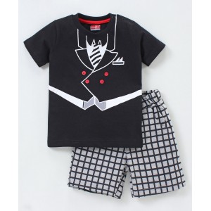 Babyhug 100% Cotton Half Sleeves T-Shirt And Shorts Tuxedo Print - Black, 18-24m