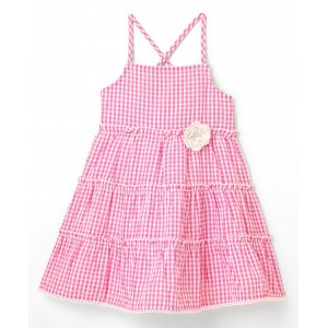 Babyhug Seer Sucker Yarndyed Checks Singlet Frock With Corsage - Pink, 12-18m