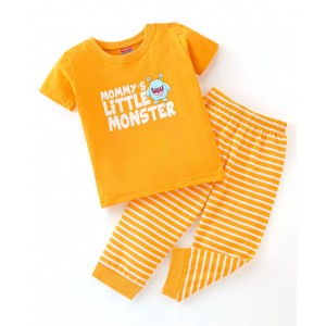 Babyhug Cotton Half Sleeves Night Suit Stripes & Text Print- Yellow, 2-3yr