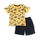 Babyhug 100% Cotton Woven Half Sleeves T-Shirt & Shorts Set Dino Print - Yellow & Navy, 18-24m