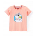 Babyhug Cotton Half Sleeves T-Shirt Polar Bear Print- Peach, Newborn