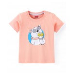 Babyhug Cotton Half Sleeves T-Shirt Polar Bear Print- Peach, 6-9m