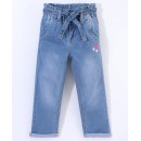 Babyhug Cotton Spandex Full Length Washed Denim Jeans with Floral Embroidery - Blue, 2-3yr