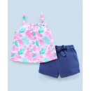 Babyhug 100% Cotton Sleeveless Tropical Print Top and Shorts with Bow Applique - Pink & Blue, 2-3yr