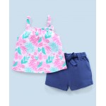 Babyhug 100% Cotton Sleeveless Tropical Print Top and Shorts with Bow Applique - Pink & Blue, 2-3yr